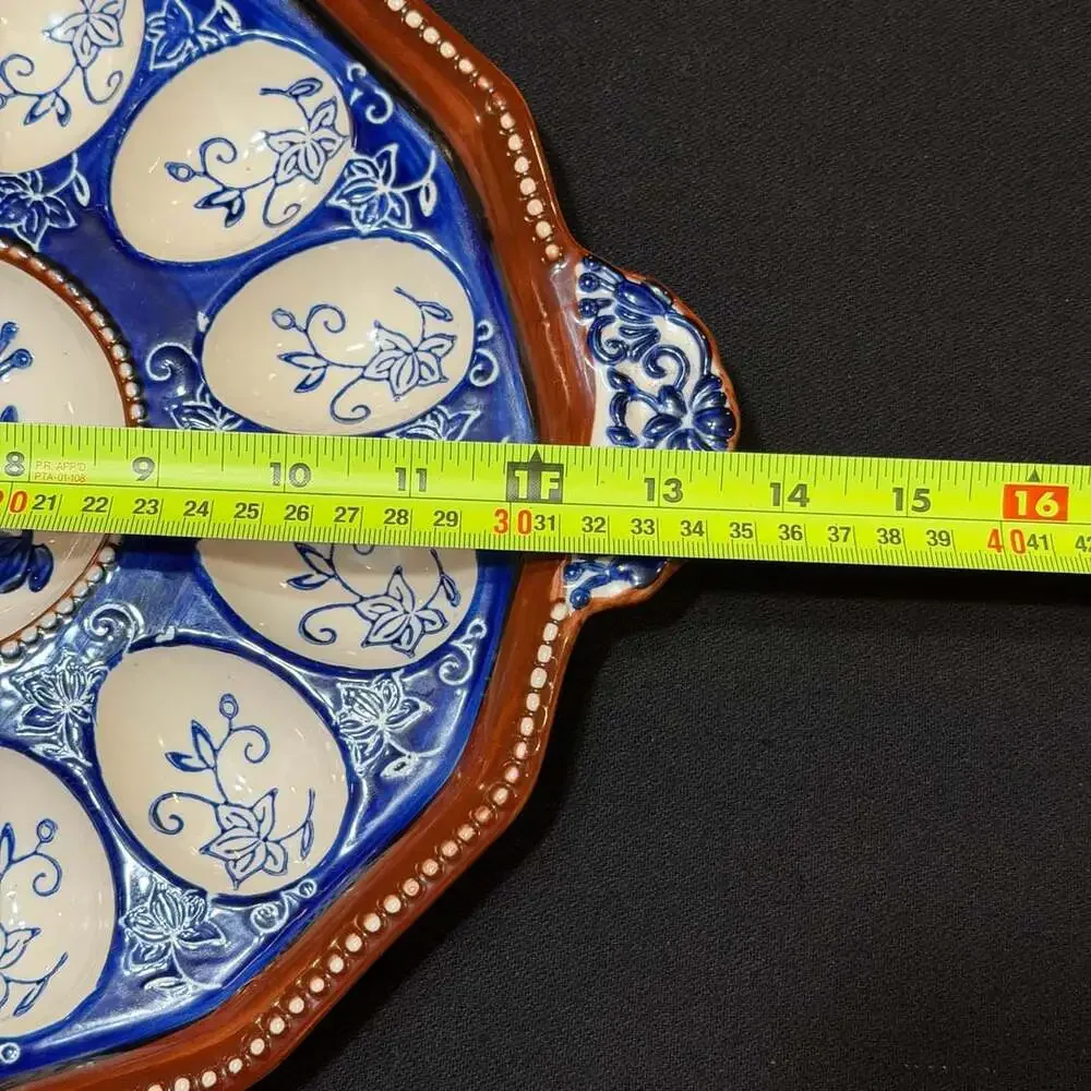 Majolica Ceramic Hand Painted Floral Lace 12 Egg Tray Platter 12”